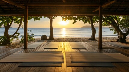 Obraz premium Inviting yoga studio on a serene beach at sunrise offering relaxation and well-being