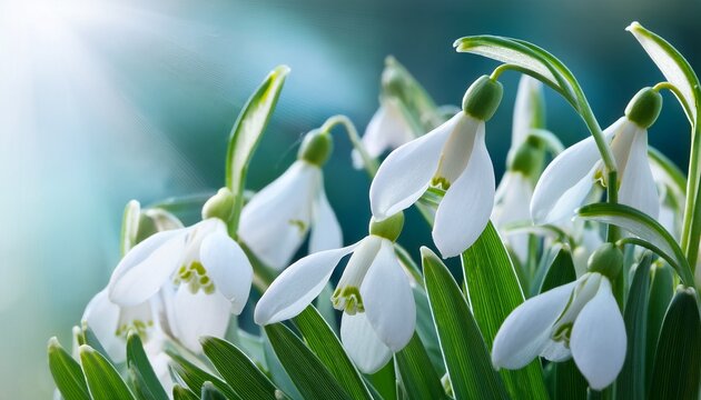 beautiful spring flowers of white snowdrops close up