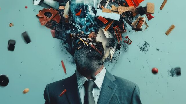 Conceptual image of a businessman with exploding mind, surreal and abstract