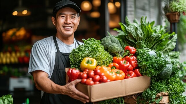 Smiling grocer holds fresh produce