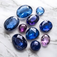 Fototapeta premium Exquisite Collection of Blue and Purple Gemstones: High-Quality Faceted Gems for Jewelry Design on Shiny Marble Background