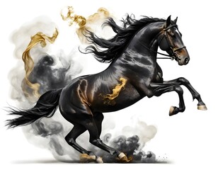 Fototapeta premium Majestic Black Stallion Leaping with Gold and Smoke