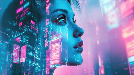 Surreal portrait of a woman with cyberpunk city overlay, neon lights - Powered by Adobe