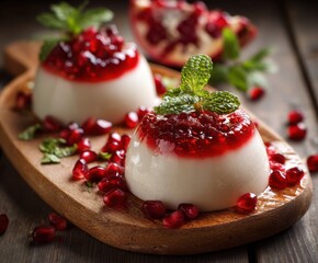 Panna cotta dessert with pomegranate jelly and mint, homemade cuisine on wooden background