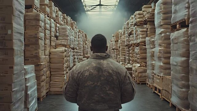 Soldier surveys large warehouse filled with stacked boxes during a quiet moment in the evening