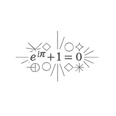 Eulers identity, e to i pi plus one equals zero, in a dynamic design with abstract radiating shapes. Represents profound mathematical beauty, insight, and the interconnectedness of core constants