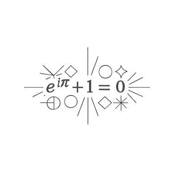 Eulers identity, e to i pi plus one equals zero, in a dynamic design with abstract radiating shapes. Represents profound mathematical beauty, insight, and the interconnectedness of core constants