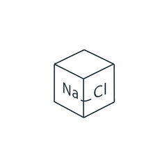 Vector icon of a cube showing Na and Cl, chemical symbols for Sodium Chloride or salt. Represents its cubic crystal structure, ionic compounds, chemistry, and the ordered beauty of molecules