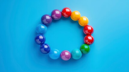Colorful ball chain is displayed on a blue background. The colors of the balls are red, yellow