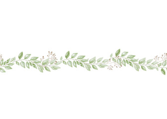 Fototapeta premium Hand-drawn watercolor seamless border of elegant eucalyptus branches with lush, aromatic leaves. Perfect for prints, minimalist home decor, wallpapers, wrap paper packages, clothes, backgrounds.