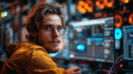 A thoughtful programmer working on his computer, his focus unwavering in a dimly lit room.