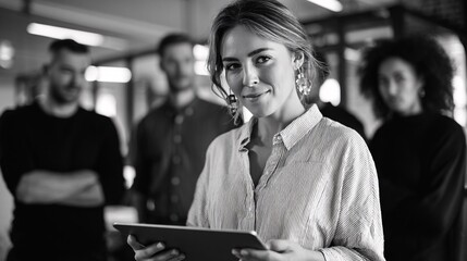 Confident businesswoman holding a tablet, engaged in a dynamic team setting