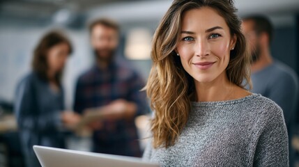 Fototapeta premium Confident woman smiling in a modern office, collaborating with colleagues