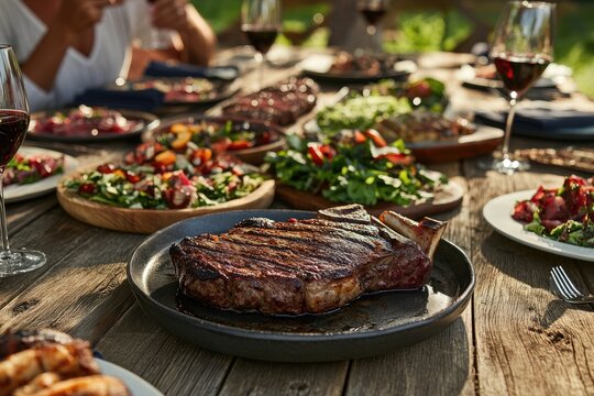 Outdoor feast with grilled steak and assorted dishes