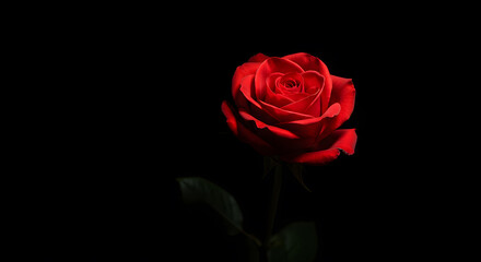 Fototapeta premium Dramatic Single Red Rose Blooming on Black Background for Elegant Designs and Romantic Concepts