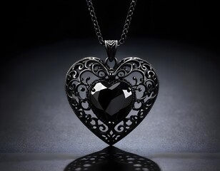 Black Heart Pendant Necklace with Filigree Detail