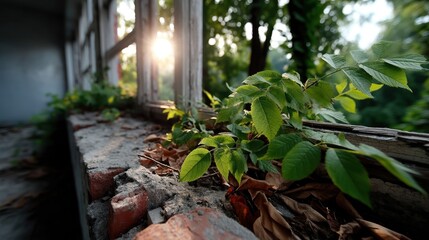 Close-up of green plant growing through weathered outdoor brick and wood structure at sunset