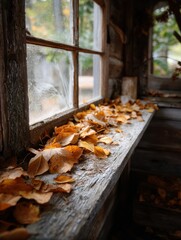 Fallen Leaves Create a Warm, Rustic Atmosphere on the Windowsill of an Old Cabin in Autumn Generative AI