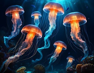 Fototapeta premium Glowing Jellyfish Underwater Ballet