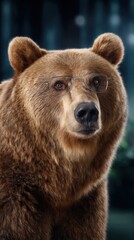 Fototapeta premium Portrait of Brown Bear Wearing Glasses Detail Focus Smart Intelligent Fur Texture Animals Wildlife Nature Close Up