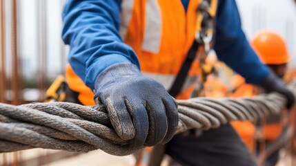 Construction Worker Handling Heavy Rope for Safety on Building Site