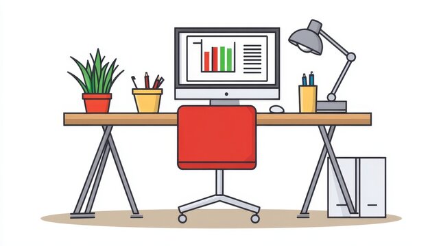 Pixelated office desk with computer data charts office supplies and a comfortable chair home working graphic resources workplace art