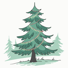 Obraz premium Festive Pine Tree with String Lights Watercolor Vector Art