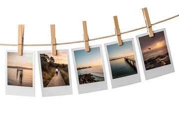 Nostalgic Polaroid Prints Hanging On A Rope Isolated On Transparent Background At Sunset