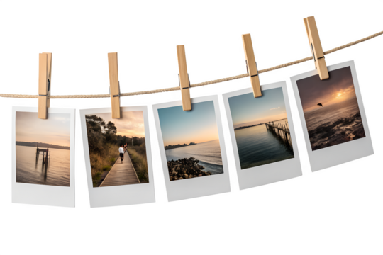 Nostalgic Polaroid Prints Hanging On A Rope Isolated On Transparent Background At Sunset