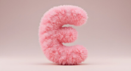 Fototapeta premium Fluffy soft pink letter 'e' with delicate fur texture standing on a smooth pastel background, concept for children's branding, playful typography and creative design projects
