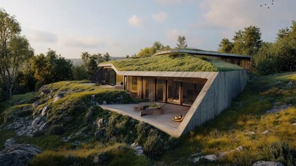 Fototapeta premium Modern dwelling integrates nature with ecological roof atop a hillside setting