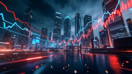 Evening skyline over the city with vibrant financial data visualizations illuminating the atmosphere - Powered by Adobe