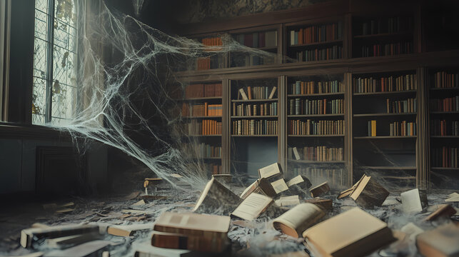A dusty, abandoned library with cobwebs and scattered books. whispering book archives. illustration. [Whispering Archives] | Codified Haunting | spectral chapter. Illustration