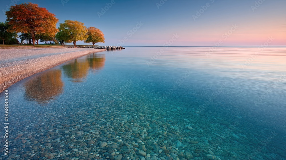 Poster calm sunrise over a peaceful lake shore inviting tranquility and reflection