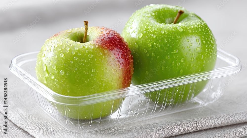 Aufkleber fresh apples with droplets in plastic containers on a soft surface in a bright kitchen