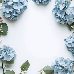 Elegantly Minimalistic Blue Hydrangea Floral Frame: Spring Wedding Flowers and Fresh Nature Decor Featuring Greenery Accents and Soft Petals