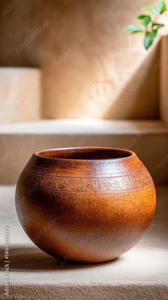 Aufkleber elegant clay pot with intricate etchings on soft sand colored surface