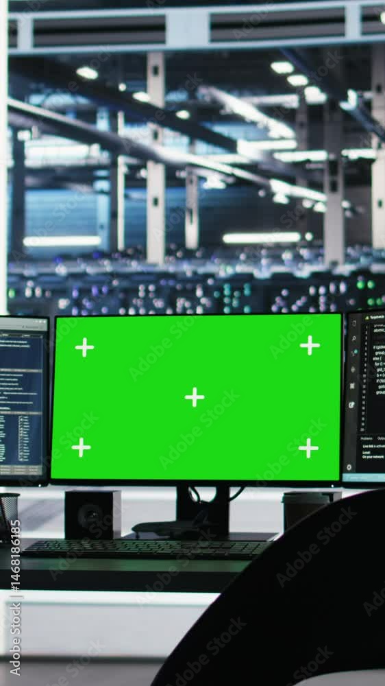Poster vertical video chroma key computer displays in data center workplace used for managing supercomputer