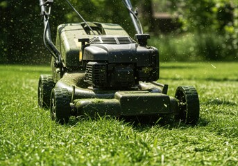Close up of a lawnmower cutting grass in a yard during the daytime with greenery in the background