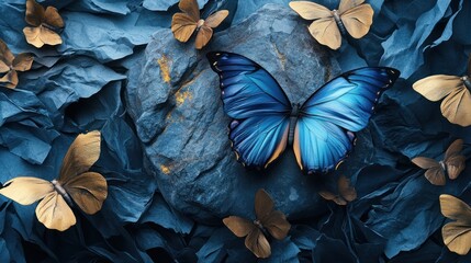 Blue and gold butterflies on textured paper