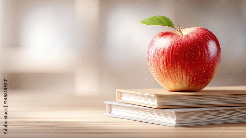 Poster neutral books with a vibrant apple atop in soft daylight, showcasing simplicity