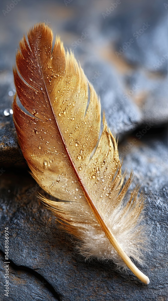 Poster Traditional Feathered Adornment Displayed on Dark Slate Background Emphasizing Texture and Details