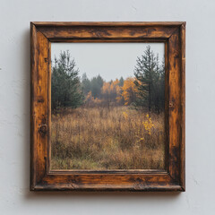 The vintage framed landscape highlights the colorful autumn forest scene with its warm, earthy tones.