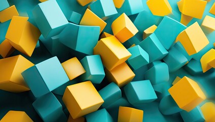 Abstract geometric cubes, teal and gold