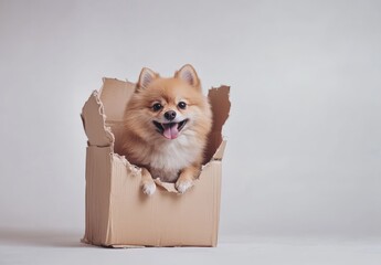 Playful Pomeranian puppy in a cardboard box.  The dog is a light orange color and has a fluffy coat. It is sitting in a cardboard box with ripped edges. The dog's mouth is open in a happy expression