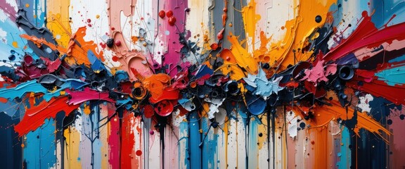 Fototapeta premium Vibrant Abstract Painting Bold Brushstrokes and Explosive Colors on Textured Canvas