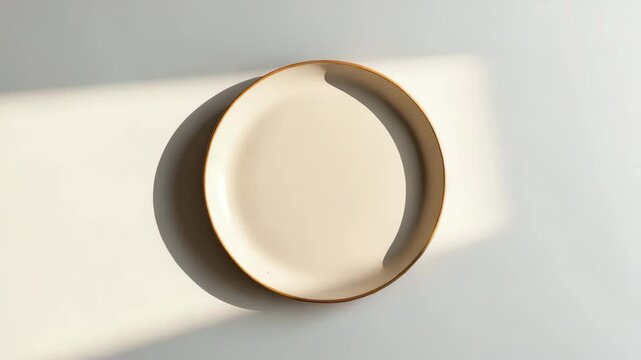 Empty beige dish on a white backdrop. Flat lay, top perspective. Textured surface, selective emphasis.
