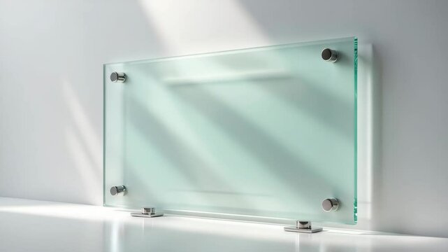 Transparent green glass nameplate on spacer supports. Clear printed board for applications. Acrylic advertising signboard showcased on a white background mock-up from a lateral view.