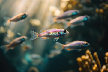 A school of iridescent fish swim in a vibrant coral reef aquarium, showcasing their beauty and grace.