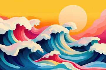 Fototapeta premium Vibrant colorful waves crashing against a sunset backdrop.